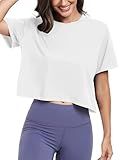 KevaMolly White Workout Crop Tops for Women Loose Fit UPF50+ Breathable Yoga T Shirts Running Athletic Cropped Workout Tops M