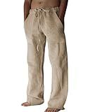 Lasjixion Mens Cotton Linen Pants Loose Fit Drawstring Summer Casual Beach Yoga Pants for Men Light Khaki