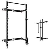Mdeam Folding Squat Rack, 2.36"x2.36" Steel Wall Mounted Power Rack for Home Gym Space-Saving Foldable Squat Cage 1000LBS Capacity with Pull Up Bar/J-Hooks/Landmine