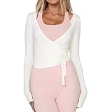Women Ballet Wrap Top Long Sleeve Self Tie Dance Shirt Pilates Yoga Tops Y2k Workout Active Blouses (US, Alpha, Small, Regular, Regular, White)