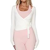 Women Ballet Wrap Top Long Sleeve Self Tie Dance Shirt Pilates Yoga Tops Y2k Workout Active Blouses (US, Alpha, Small, Regular, Regular, White)