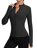 Rapbin Full Zip Athletic Jacket for Women Cropped Long Sleeve Top Golf Shirts for Woman Slim Fit Workout Top (Black M)