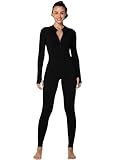 Sunzel Long Sleeve Jumpsuits for Women, Ribbed One Piece Casual Yoga Workout Zip Front Bodysuits, Legging Fit & Thumbhole 28" Inseam Black Medium
