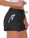 Mancreda Women's Running Shorts with Liner 3 Zipper Pockets Elastic Workout Athletic Gym Yoga Shorts(BK,S) Black