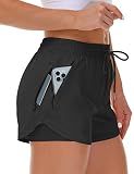 Mancreda Women's Running Shorts with Liner 3 Zipper Pockets for Workout(BK,XXL) Black