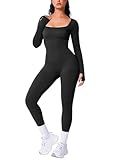BRXL Long Sleeve Jumpsuit for Women Workout Yoga Square Neck Full Body Suits Shapewear One Piece Bodycon Jumpsuits Black M