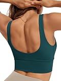 ODODOS Women's Longline U-Back Sports Bra V-Neck Padded Yoga Workout Wirefree Tank Top, Forest Teal, Small