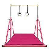 Peakpath Foldable Gymnastics Kip Bar with Mat and Ring Set,3' to 5' Height Adjustable,Kids Gymnastic Equipment for Ages 3-15,Indoor and Home Training- Max Load 350LBS