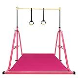Peakpath Foldable Gymnastics Kip Bar with Mat and Ring Set,3' to 5' Height Adjustable,Kids Gymnastic Equipment for Ages 3-15,Indoor and Home Training- Max Load 350LBS
