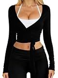 Danysu Ballet Wrap Tops Long Sleeve Cross Tie Crop Shirts for Women Deep V-Neck Dance Clothes Y2K Fall Cardigans Black L