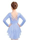 Zaclotre Girls Ballet Leotards Toddler Long Sleeve Crisscross Back Dance Dress Outfit with Shiny Skirt Blue 6-7Years