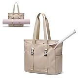 GOLF SUPAGS Tennis Tote Bag for Women with Yoga Mat Straps, Racket Holder Bags with 14" Laptop Compartment, 24L Lightweight Sports Bag with Wet Pocket (Apricot)