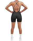 SUUKSESS Women Strappy Romper Workout Yoga Seamless One Piece Jumpsuit Tummy Control Padded Sports Bra (Black, M)