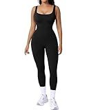 Popilush Jumpsuits for Women Built-In Bra Square Neck Ribbed Bodycon Workout Seamless Leggings Rompers Bodysuits Black Jumpsuit