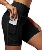 IUGA Biker Shorts Women 6" Tummy Control Workout Shorts Women with Pockets High Waisted Yoga Running Gym Spandex Compression Black