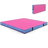 Goplus Folding Gymnastic Mat, 4ft x 4ft x 4in Thicked Bi-Fold Fitness Mat with Carrying Handles & PU Leather Cover, Home Gym Exercise Mat for Stretching, Pilates, Aerobics Workouts (Rose&Blue)