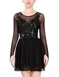 ODASDO Figure Skating Dress for Women Ice Skating Costumes Teenager Girls Mesh Long Sleeve Criss Cross Back Sparkly Sequin Chiffon Skirted Leotard Gymnastics Competition Ballet Dancewear Black S