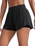 CRZ YOGA Double Layer Running Shorts for Women 3" High Waisted 2 in 1 for Athletic Tennis Workout with Zip Pockets Black Medium