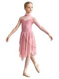 Yyuihri Girls Lyrical Dance Costume Long Sleeve Mock Neck Leotard with Mesh Skirt Keyhole Back for Ballet Recital Pink 11-12 Years