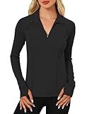 LOMON Women's Fall Athletic Shirts Quarter Zip Active Tops Crop Collared Workout Tennis Top Black XL