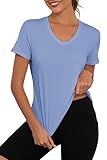 KevaMolly Blue Workout Tops for Women V Neck UPF50+ Breathable Loose Fit Yoga T Shirts Short Sleeve Running Gym Athletic Tee Top M