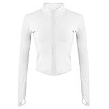 Gihuo Women's Athletic Full Zip Lightweight Workout Jacket Cropped Gym Yoga Track Jacket with Thumb Holes (White, Medium)