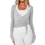 Women Wrap Tie Top Y2k Long SLeeve Ballet Workout Yoga Shirt Coquette Blouses (US, Alpha, Small, Regular, Regular, Grey)