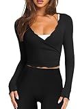 LASLULU Womens Tie Front Pilates Wrap Top Long Sleeve Workout Tops Black Bolero Shrugs Crop Cardigan Yoga Ballet Cover up Tops Pilates Outfits (Black, Medium)