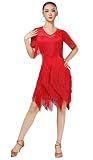 yrsZX Women's Latin Dance Dress Rhinestone Tulle V-Neck Irregular Fringe Ballroom Party Dancing Dress Tag L, Red