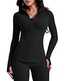 AVGO Womens Workout Jackets Lightweight Athletic Zip Up Jacket Slim Fit Running Gym Top with Pockets & Thumb Holes(Black, M)