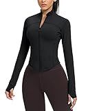 AVGO Women's Cropped Running Workout Jackets Zip Slim Fit Athletic Tops with Thumb Holes(Black, S)