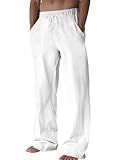 Runcati Mens Casual Pants Linen Drawstring Elastic Waist Loose Fit Straight Leg Pants Summer Beach Vacation Yoga Trousers White