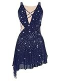Winnrchan Women Figure Skating Dress Rhinestone Lyrical Dance Dress Flowy Tulle Skirt Leotard Ballet Dancewear Navy Blue Small