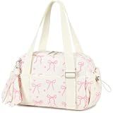 LOIDOU Small Gym Bag for Women, Dance Bag for Girls Ballet Yoga | Mini Duffel Bag Cute Corduroy Workout Pilates Tote Overnight Weekend Trip (Pink Bow-Beige)