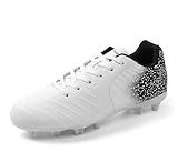 FEETHING Women Soccer Cleats Firm Ground Lace-Up Youth Soccer Shoes Light-Weight Outdoor Training Football Sneakers Big Kid,White,8