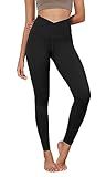 ODODOS Women's Cross Waist Full Length Yoga Leggings with Inner Pocket, Inseam 28" Gathered Yoga Pants, Black, Medium