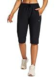 baleaf Women's 15" Long Shorts Below The Knee Capri Hiking Cargo Shorts Lightweight Quick Dry Elastic Waist for Casual Black XL