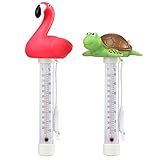 2 Packs Floating Pool Thermometer, Flamingo & Turtle Design Large Size Easy Accurate Readings for Water Temperature, Shatter Resistant with String for Outdoor & Indoor Swimming Pools & Spas