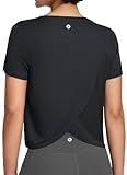 baleaf Women's Workout Tops Athletic Shirts Cropped Short Sleeve Split Back Running Gym Quick Dry Sun Protection UPF 50+ Black M