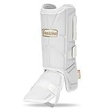 Franklin Sports Baseball + Softball Leg Guard - PRT Series Adult Shin + Foot Shield for Batting - Protective Leg + Ankle Guard with Toe Plate - Right Hand + Left Hand Hitters - White/Gold - One Size