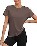 KevaMolly Dark Brown Workout Tops for Women UPF50+ Breathable Loose Fit Yoga T Shirts Short Sleeve Running Gym Athletic Tee Top L