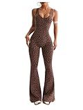Verdusa Women's Cheetah Print Yoga Jumpsuit Criss Cross Backless Sleeveless Workout Clothes Flared Pants Rompers Coffee Brown Large