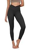 ODODOS Women's Cross Waist 7/8 Yoga Leggings with Inner Pocket, Inseam 25" Gathered Crossover Workout Yoga Pants, Onyx Black Grey, Medium