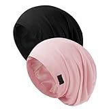 Silk Bonnet for Sleeping Women, Adjustable Silky Satin Lined Sleep Cap, Silk Hair Wrap for Sleep Night Cap for Natural Curly Hair 2PCS(Black&Pink)