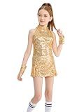 LOLANTA Girls Sequin Dance Costumes Sparkle Hip Hop Jazz Dance Outfits Sleeveless Top Shorts (Golden, 8-9 Years)