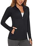 MAGCOMSEN Women's UPF 50+ Lightweight Athletic Jacket Sun Protection Full Zip Long Sleeve Shirts Hiking Outdoor Pockets Black M