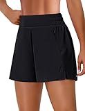 BMJL Womens Athletic Running Shorts Gym Workout High Waisted Short with Zipper Pockets(L,Black)