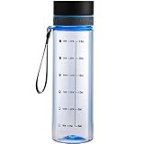 Doseno Reusable Water Bottle, Water Bottle with Time Marker, Plastic Water Bottles to Ensure You Drink Enough Water Daily for Fitness and Outdoor Sports, 28OZ Clear Water Bottles, Blue