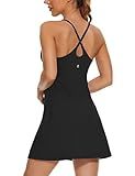 Womens Tennis Dress, 2-in-1 Athletic Dresses with Built-in Bra & Shorts Pockets, Summer Dress Golf Workout Casual Dress with Adjustable Strap A-Black