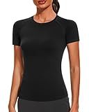 Stelle Women Workout Tops Short Sleeve Seamless Athletic Shirts Yoga Gym Sports Breathable Tees(Black,S)